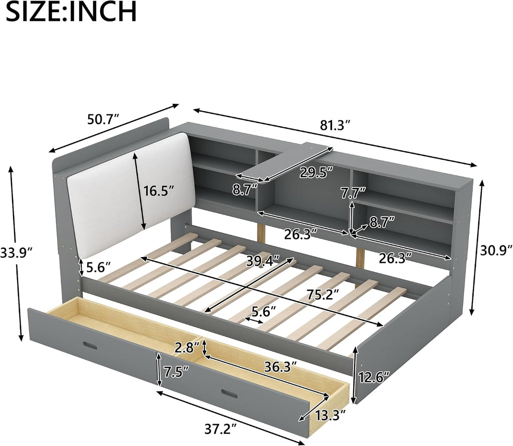 Twin Size Platform Bed with Storage Headboard and Shelves, Wooden Daybed Frame with Side Bookcase and 2 Drawers,Wood Slat Support, Rotatable Storage Board (Gray-83J)
