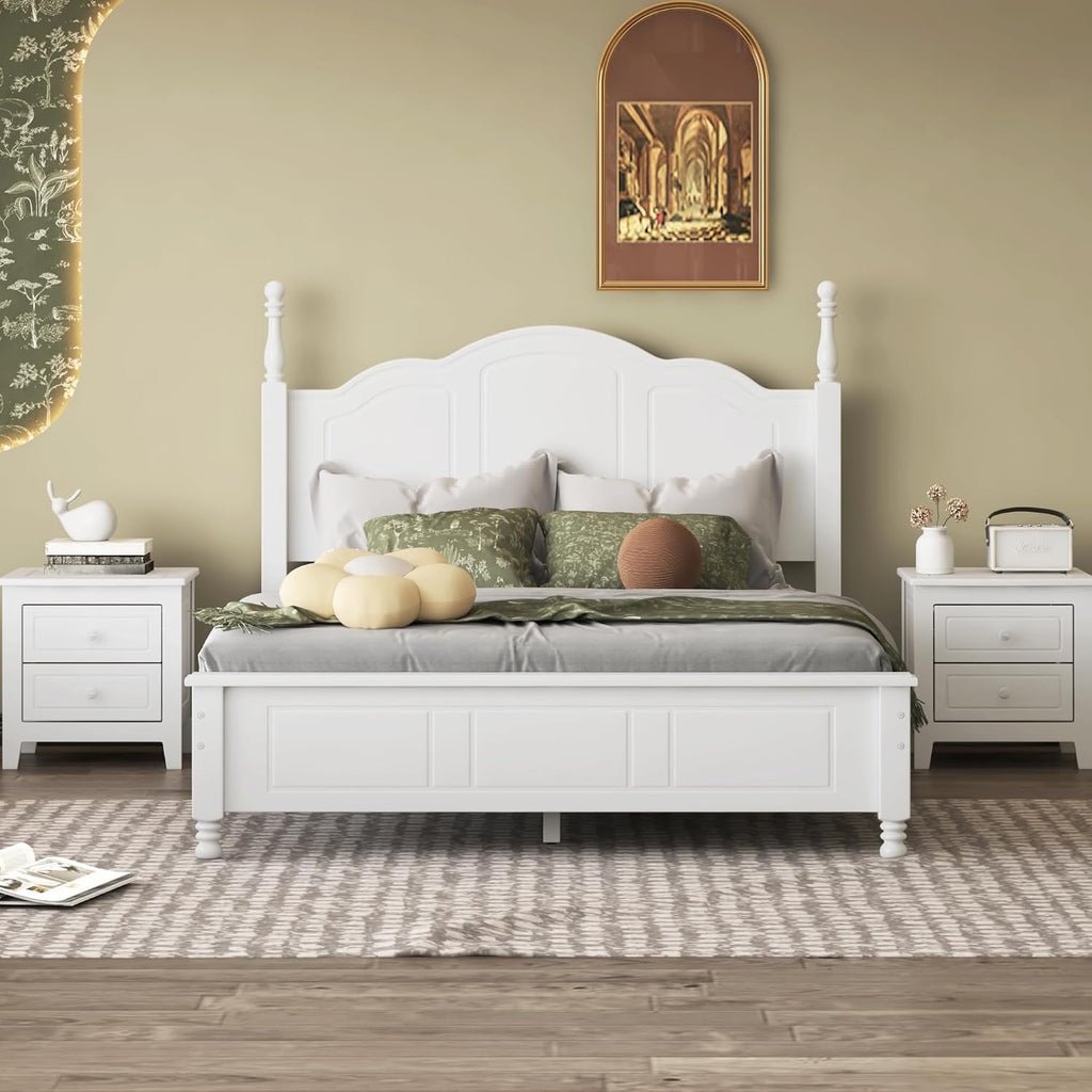 DEINPPA 3-Piece Bedroom Set, Wooden Bedroom Furniture Set Included Full Size Bed Frame and 2 Nightstands, Medieval Style-White