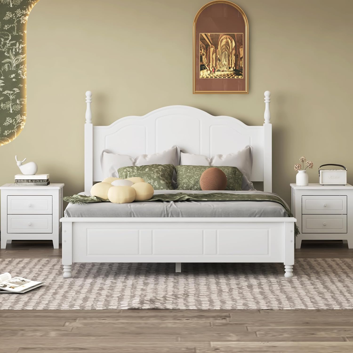 DEINPPA 3-Piece Bedroom Set, Wooden Bedroom Furniture Set Included Full Size Bed Frame and 2 Nightstands, Medieval Style-White