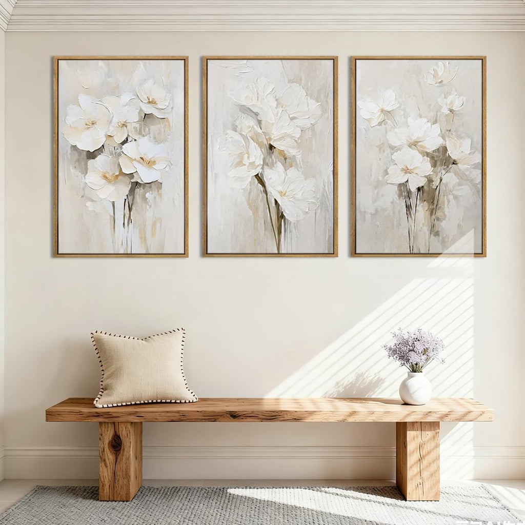 Anyzal Large Framed Beige Floral Wall Art Neutral Flower Wall Decor,White Flower Wall Art,White Wildflower Artwork,Abstract Botanical Floral Painting for Living Room Bedroom Dining Room 24x36 Inch