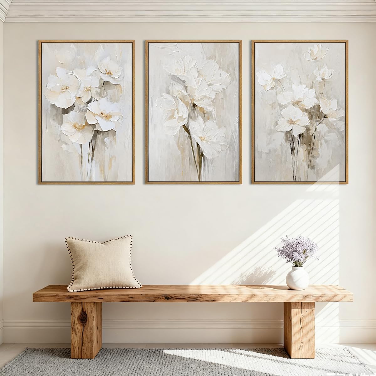 Anyzal Large Framed Beige Floral Wall Art Neutral Flower Wall Decor,White Flower Wall Art,White Wildflower Artwork,Abstract Botanical Floral Painting for Living Room Bedroom Dining Room 24x36 Inch