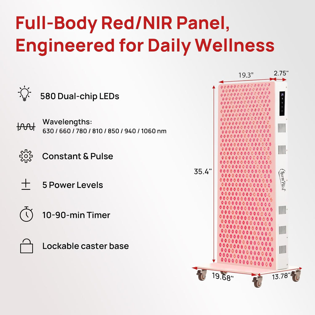 Red Light Therapy Panel for Body, 7 Wavelengths (630, 660, 780, 810, 850, 940, 1060 nm), 580LEDs, Near‑Infrared Light Wellness Device with Adjustable Intensity, Home Use