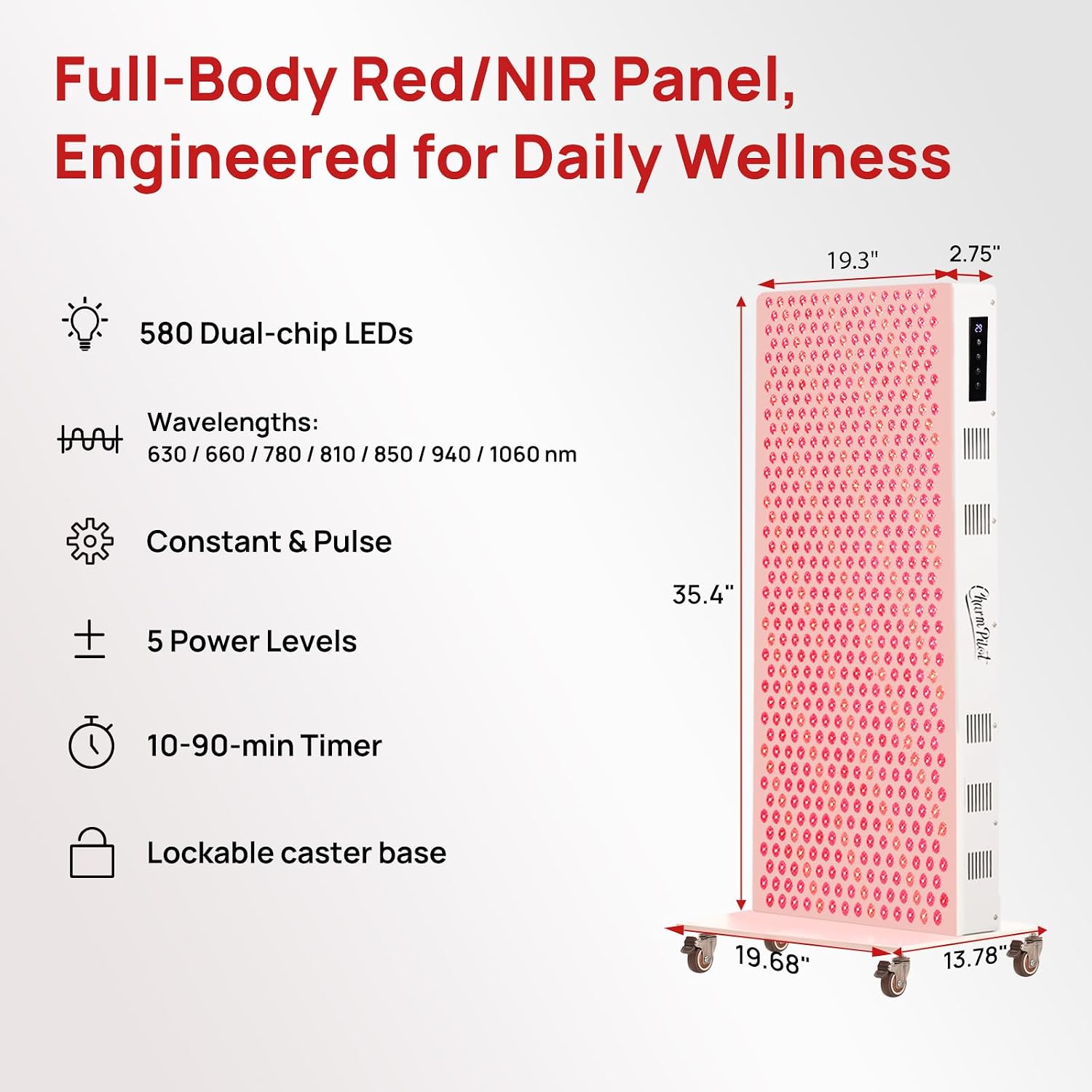 Red Light Therapy Panel for Body, 7 Wavelengths (630, 660, 780, 810, 850, 940, 1060 nm), 580LEDs, Near‑Infrared Light Wellness Device with Adjustable Intensity, Home Use