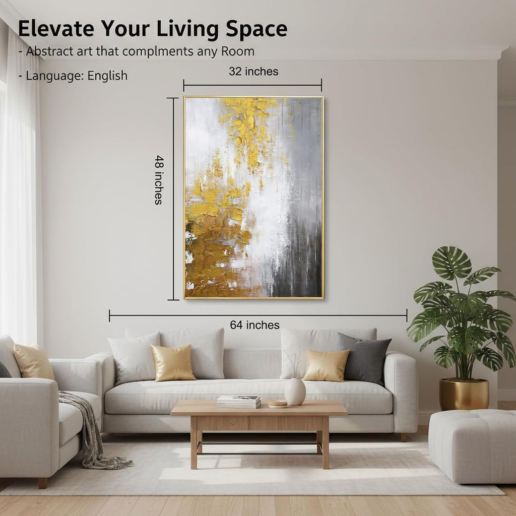 Large 3D Textured Abstract Framed Wall Art for Living Room- Hand Painted Gold and White Abstract Oil Painting for Office-Large Modern Wall Decor for Corridor Stairwell Ready to Hang 32X48inches