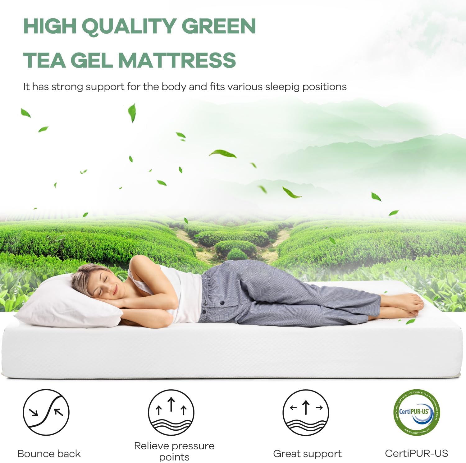 NChanmar 8 inch Memory Foam Mattress Cooling Gel Green Tea Mattress/Pressure Relieving/CertiPUR-US Certified/Bed-in-a-Box/Cooling Gel Foam,White,Twin