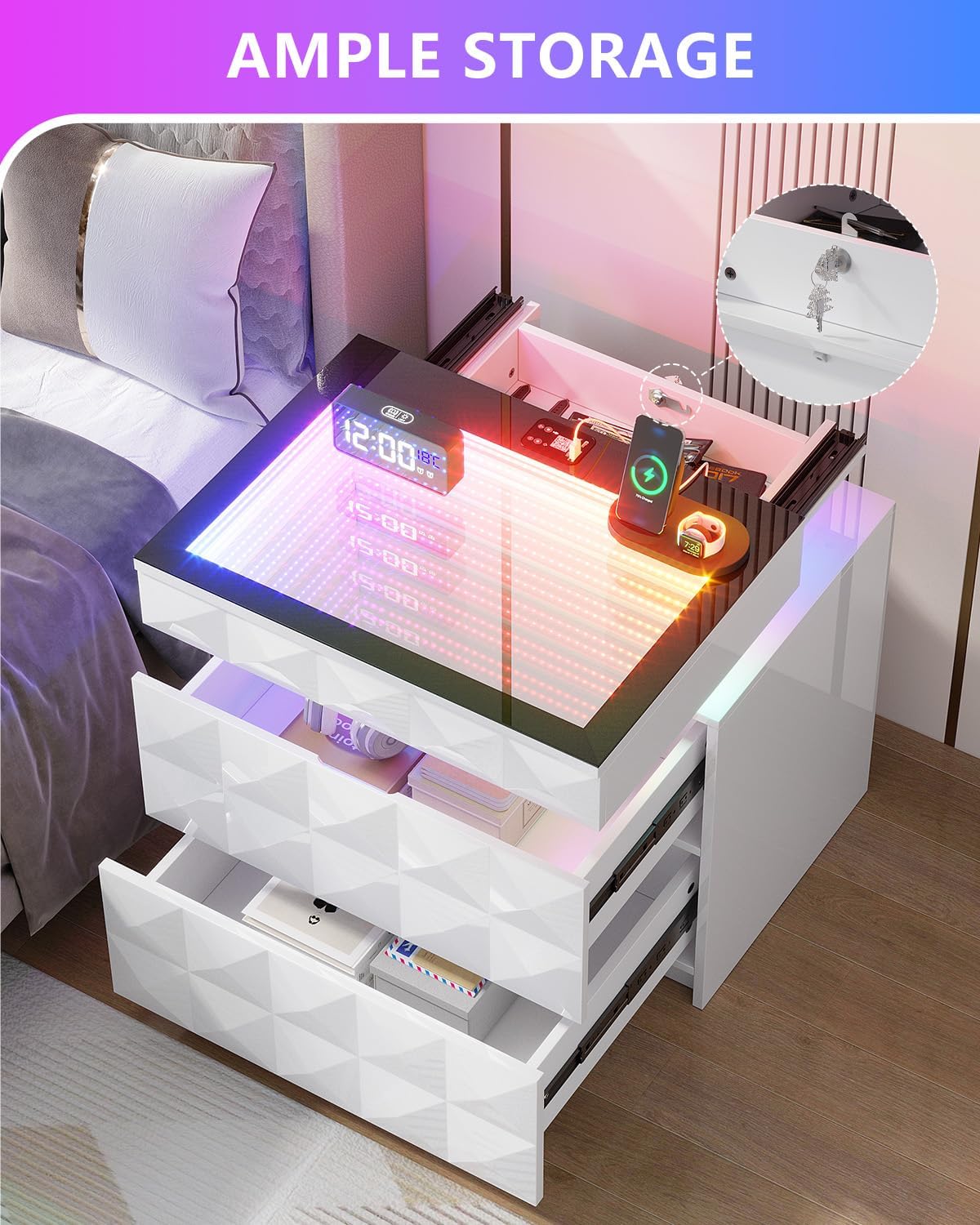 Night Stand Set 2 with Charger Station & RGB Lights, 3 Drawers Bedside Table with Sliding Top, Modern NightStands with Human Body Sensor for Bedroom, White