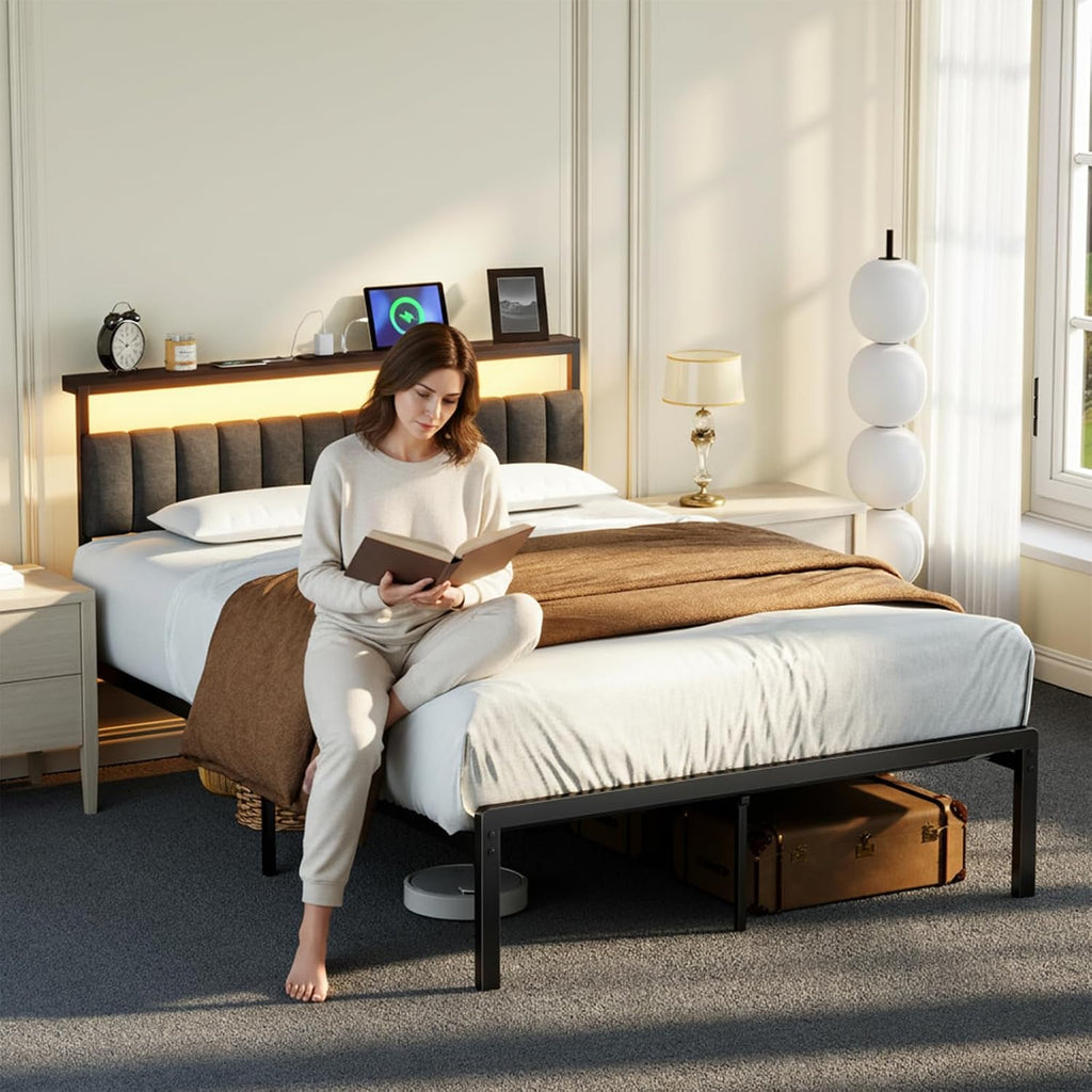 Full Bed Frame with Headboard, Sturdy Metal Bed Frame with Led Light&Charging Station, Bed Frame Full Size Noise-Free/AssemblyEasily, Double Bed Frame for Individual, Black Full Size Bed Frame