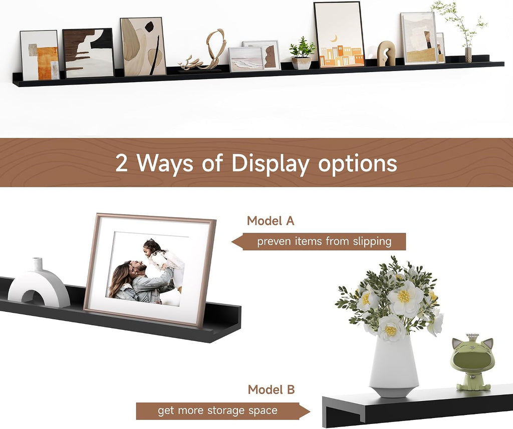 Floating Picture Ledge Shelves for Wall Set of 2, 84 Inches Picture Ledge Shelf with Long Large Nursery Book Shelf for Toys Storage Kids Bookshelf Wall Mounted Living Room Bedroom Decor Frames, Black