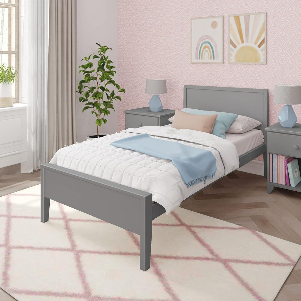 Max & Lily Twin Bed, Solid Wood Twin Bed Frame with Panel Headboard, Kids Twin Bed with Wood Slat Support, No Box Spring Needed, Grey