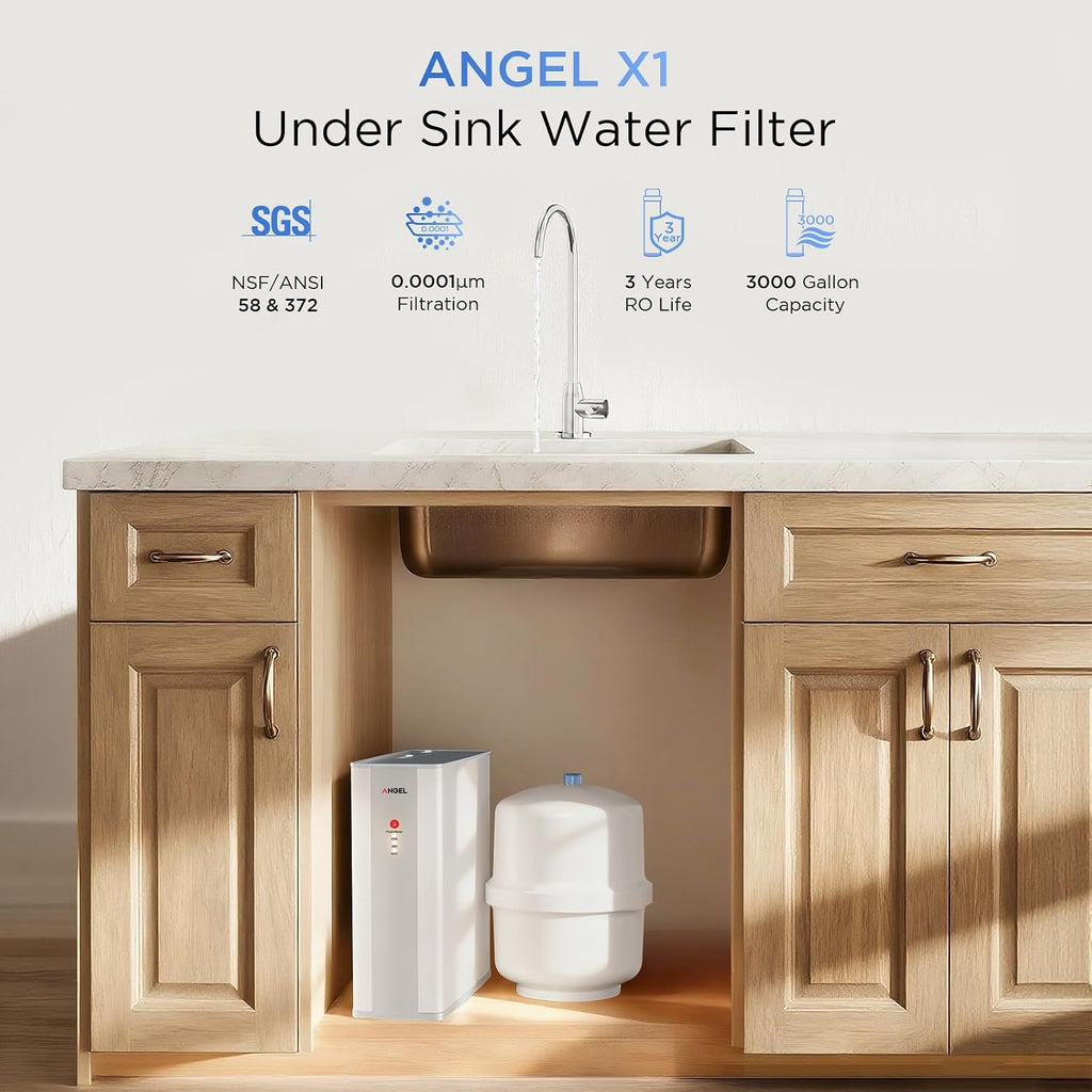 ANGEL X1 Reverse Osmosis Water Filter, 7-Stage Under Sink Water Purifier, 3-Year Long-Lasting RO Water Filtration System, 2:1 Pure to Drain, Reduces PFAS/PFOS, Compact & Easy to Install, Lead-Free