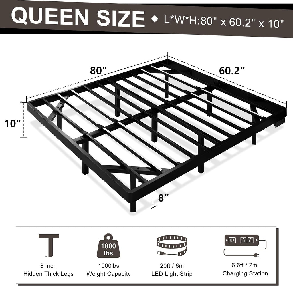 Feonase Queen Floating Bed Frame with Charging Station and Led Lights, Metal Bed Frame with Heavy Duty Steel Slats Supports, No Box Spring Needed, Easy Assembly, Noise Free, Black