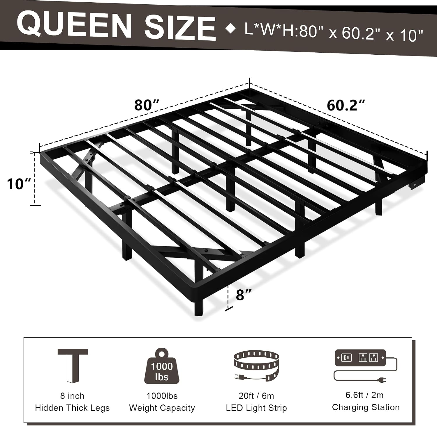 Feonase Queen Floating Bed Frame with Charging Station and Led Lights, Metal Bed Frame with Heavy Duty Steel Slats Supports, No Box Spring Needed, Easy Assembly, Noise Free, Black