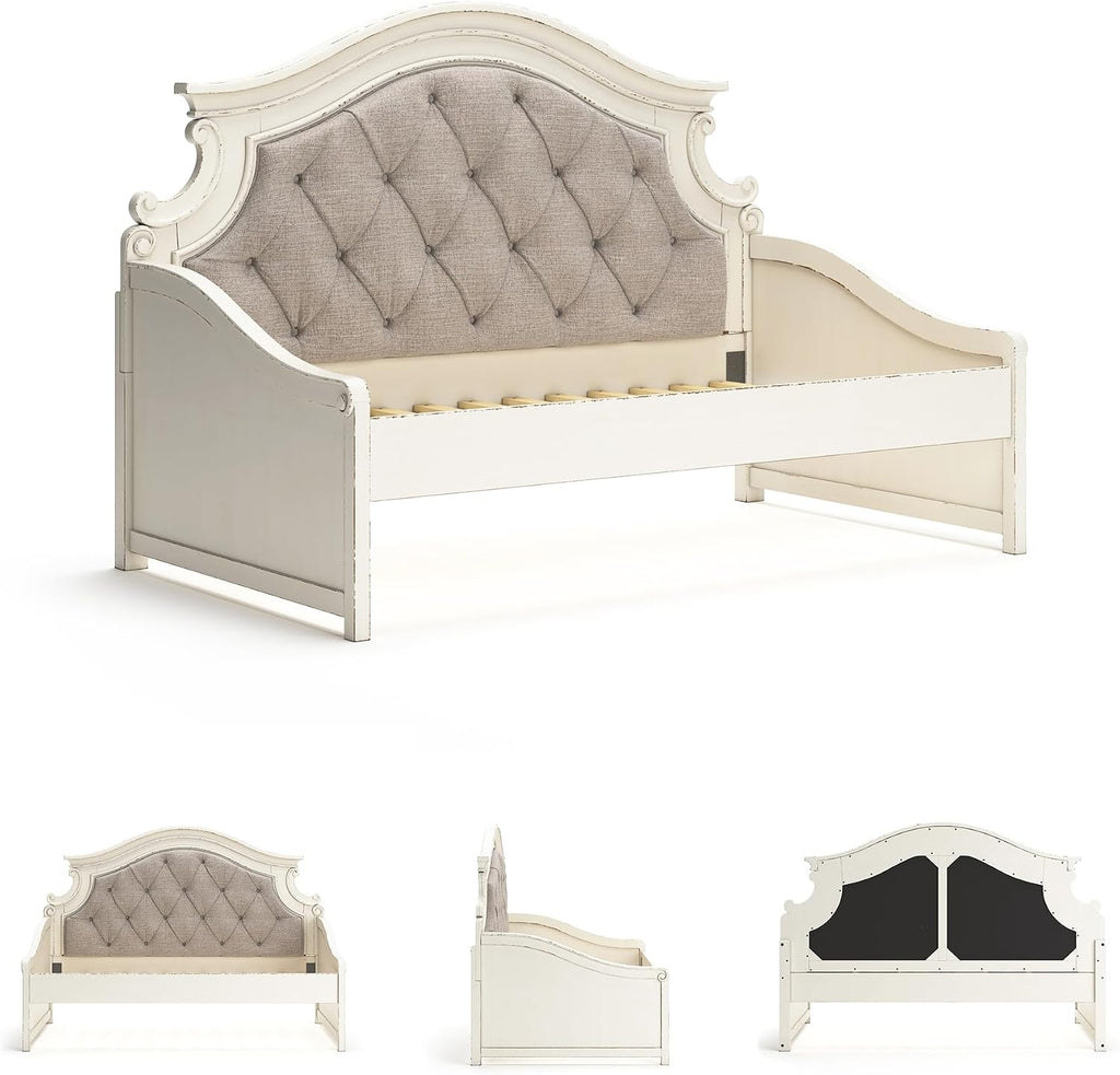 Signature Design by Ashley Realyn French Country Upholstered Tufted Day Bed, Twin, White & Beige