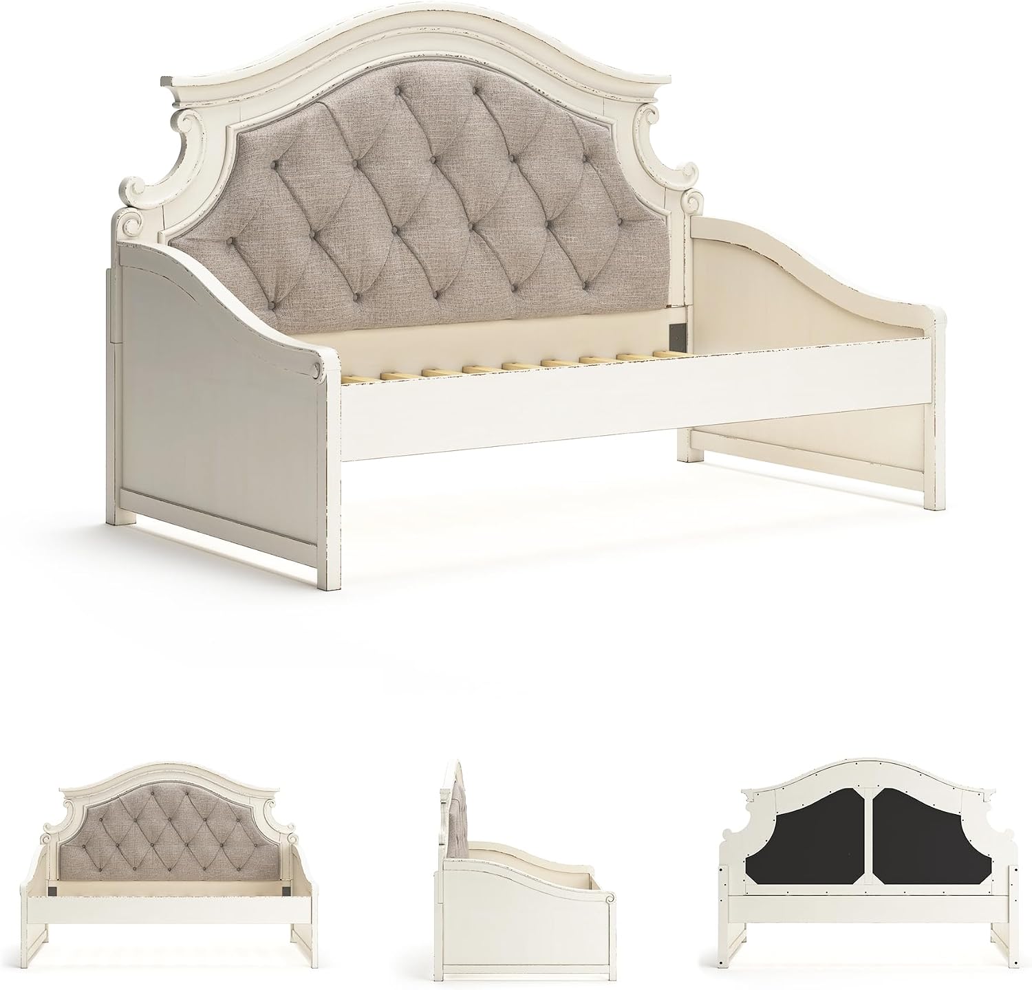 Signature Design by Ashley Realyn French Country Upholstered Tufted Day Bed, Twin, White & Beige