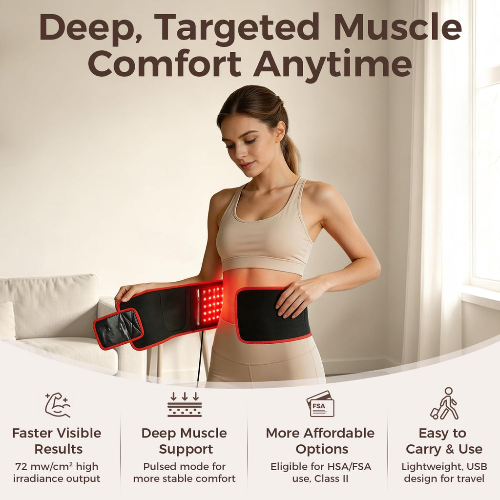 BestQool Red Light Therapy Belt, FSA-HSA Triple Chips 660nm 850nm Infrared Red Light Therapy for Body, Pads Wearable Wrap for Waist Knee Elbow, Portable Red Light Therapy Belt for Wellness