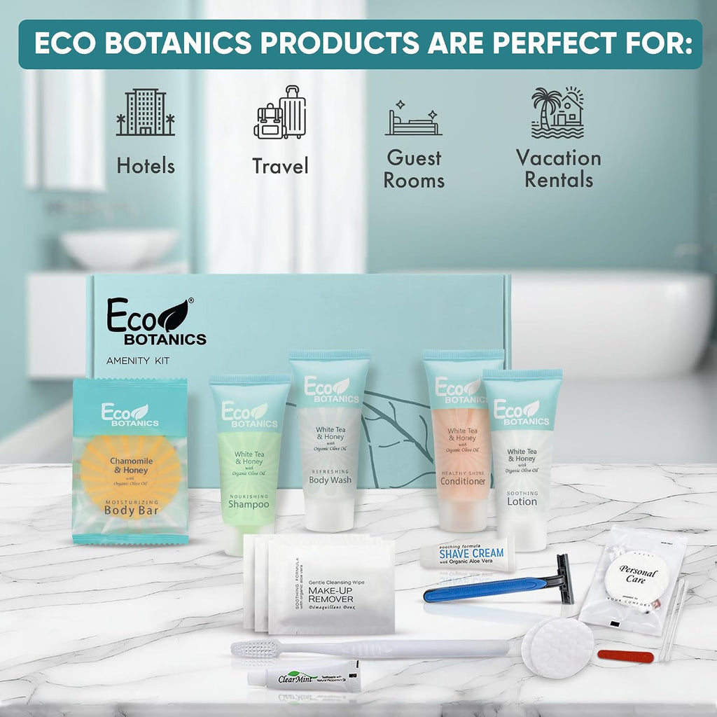 Terra Pure Eco Botanics Amenity & Accessory Kit | 0.85 oz Travel Size Shampoo, Conditioner, Lotion, Body Wash, Soap Bar, Shave & Dental Sets, Make-Up Remover Wipes, & Vanity Kit | 60 sets per case