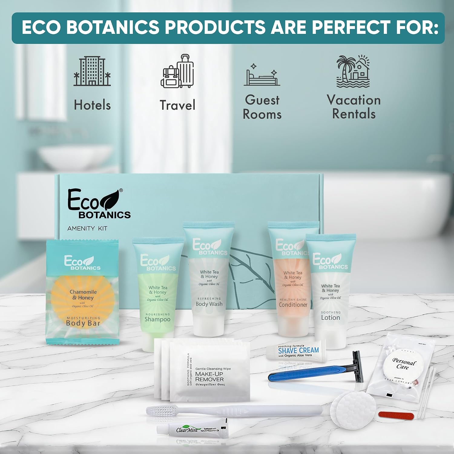 Terra Pure Eco Botanics Amenity & Accessory Kit | 0.85 oz Travel Size Shampoo, Conditioner, Lotion, Body Wash, Soap Bar, Shave & Dental Sets, Make-Up Remover Wipes, & Vanity Kit | 60 sets per case