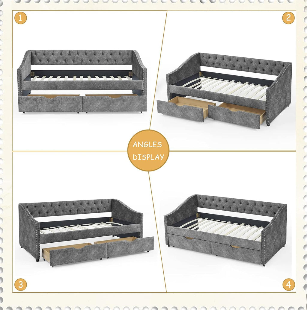 Wood Twin Daybed, Day Bed Frame with 2 Storage Drawers, Upholstered Twin Bed Frame Sofa Couch with Button and Nailhead Design for Bedroom Guest Room, No Box Spring Needed, Grey