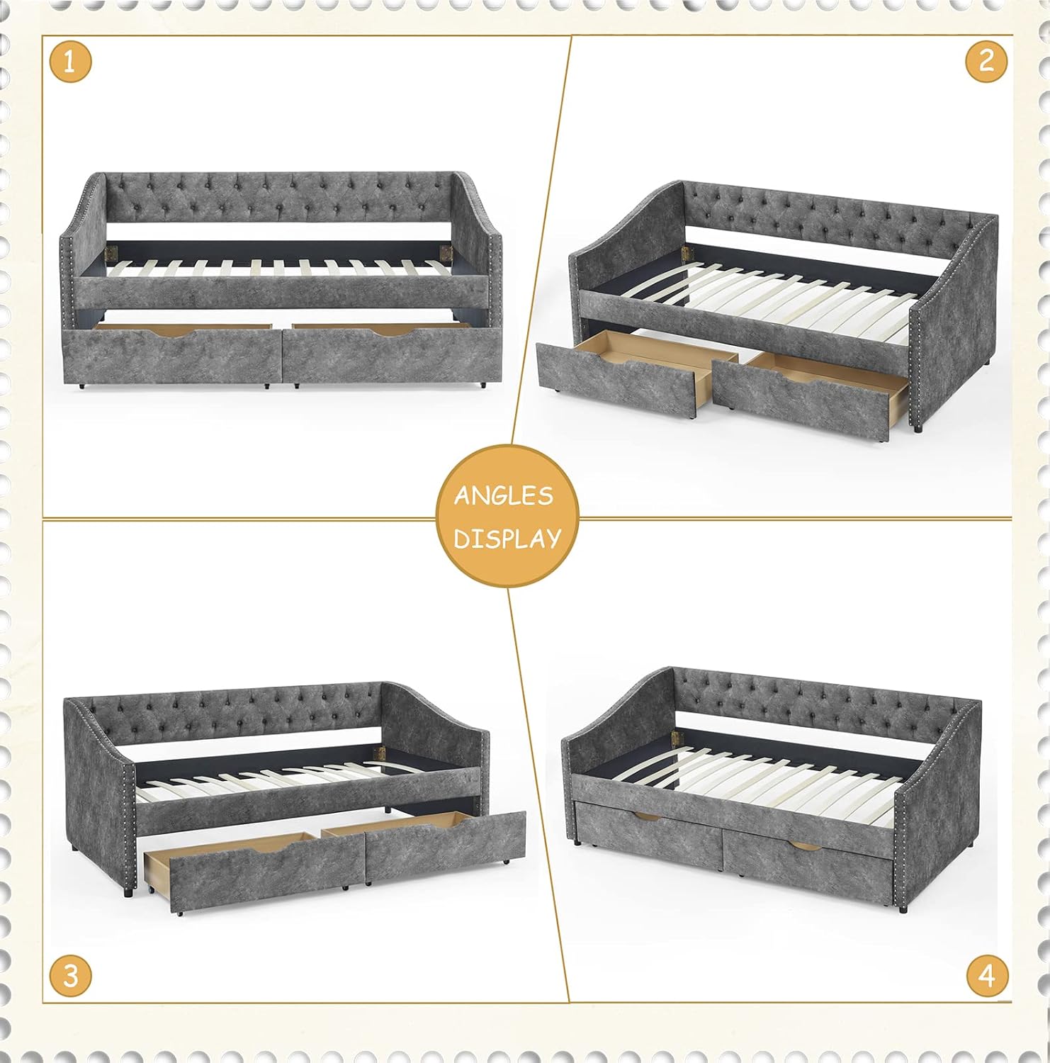 Wood Twin Daybed, Day Bed Frame with 2 Storage Drawers, Upholstered Twin Bed Frame Sofa Couch with Button and Nailhead Design for Bedroom Guest Room, No Box Spring Needed, Grey