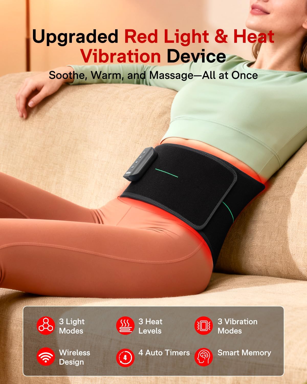 Medisana 3-in-1 Red Light Massager Belt, Heating Pad for Lower Back, Cordless Wearable Near Infrared & Red Light Therapy Belt Back Wrap with Adjustable Heat and Vibration for Lower Back Pain Relief