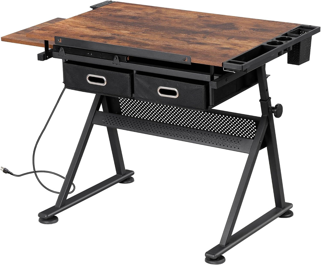 ZENY Adjustable Drafting Table with Stool, Tilting Drawing Desk Artist Table with Storage Drawers, Art Craft Workstation for Home Office Reading, Writing, Crafting