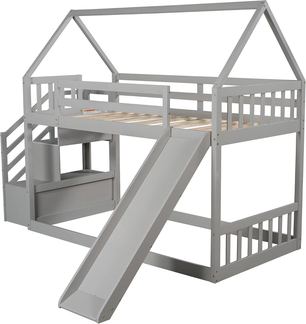 Twin Over Twin Bunk Bed with Slide for Kids Toddlers, House Bunk Bed Farm with Storage Steps and Roof Guardrail for Girls/Boys, No Spring Box Required (Gray-Storage Steps#2)