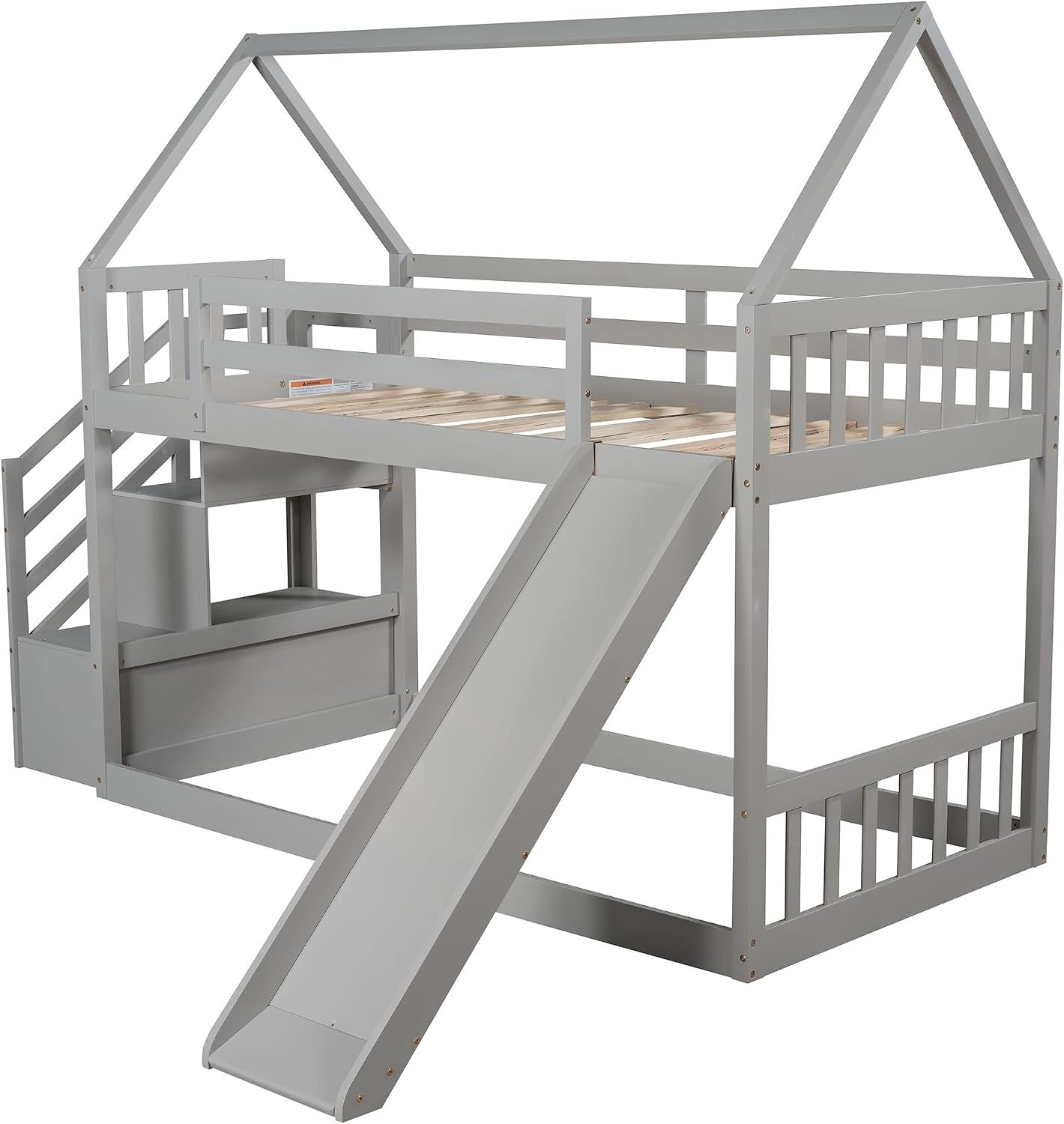 Twin Over Twin Bunk Bed with Slide for Kids Toddlers, House Bunk Bed Farm with Storage Steps and Roof Guardrail for Girls/Boys, No Spring Box Required (Gray-Storage Steps#2)