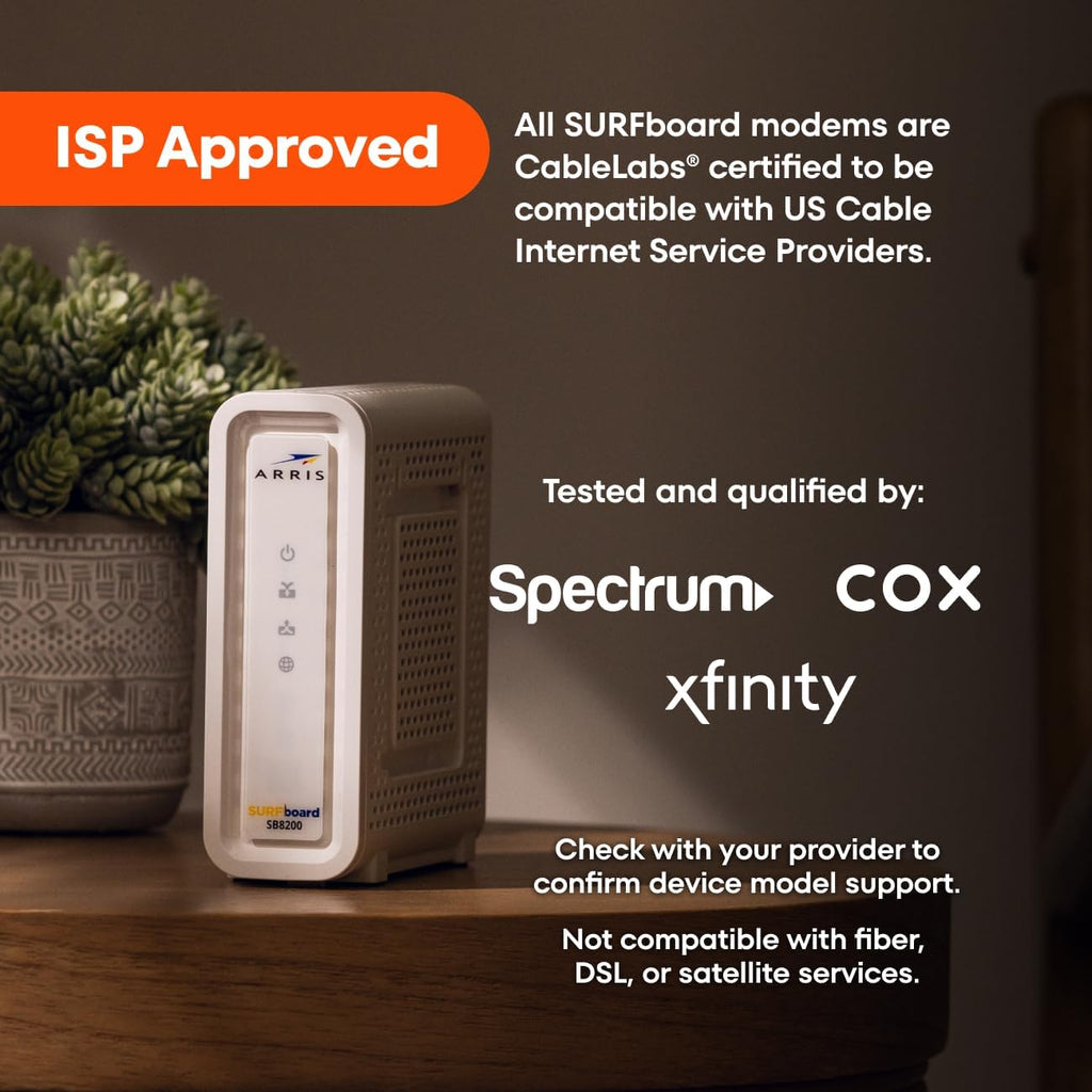 ARRIS SURFboard SB8200 DOCSIS 3.1 Multi‑Gig Cable Modem | 2 -1Gbps Ethernet Ports | Works with Xfinity, Cox, Spectrum | For Cable Internet Plans up to 2Gbps | Modem Only, Router Required