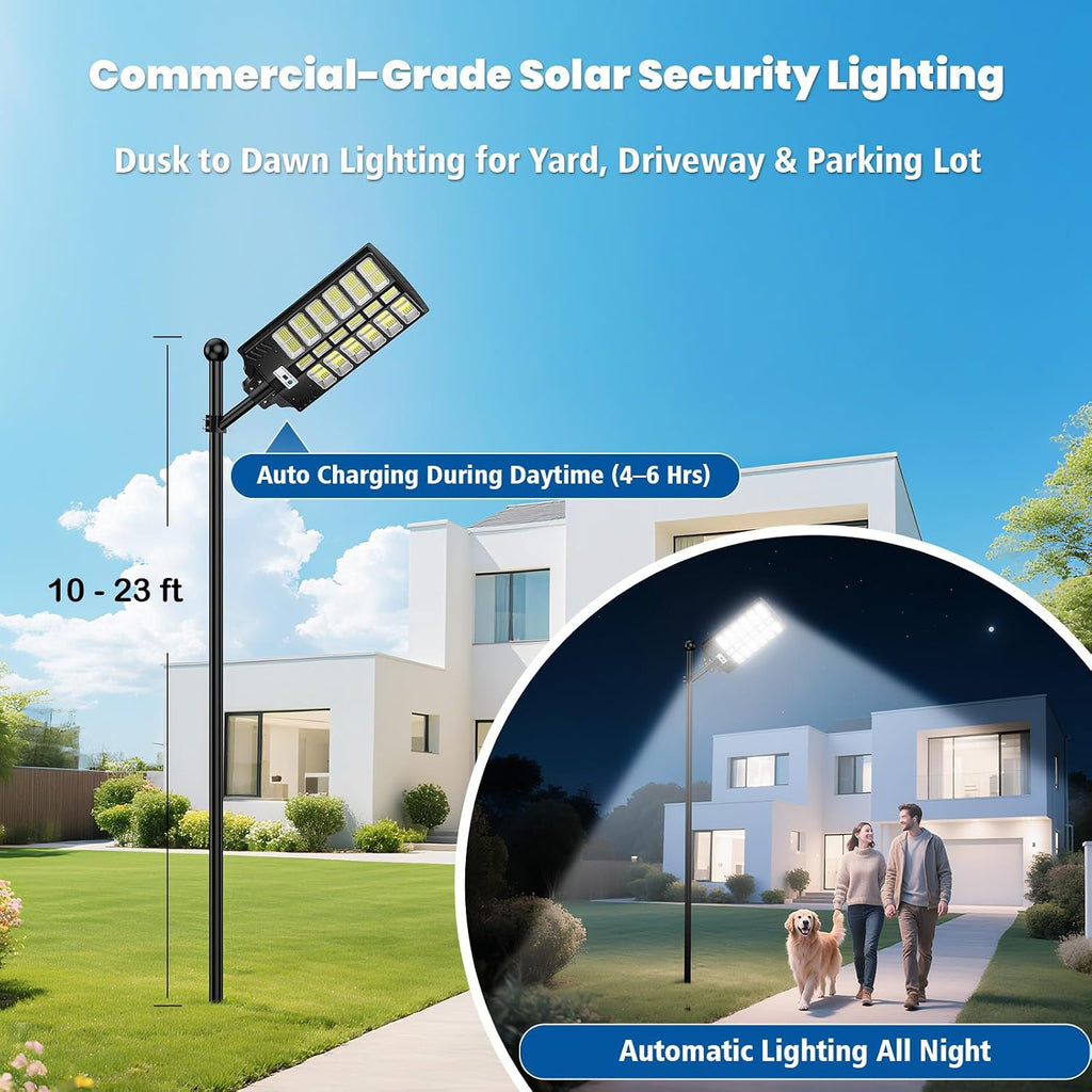 9000W Solar Street Lights Outdoor, Large Solar Powered Commercial Parking Lot Lighting Dusk to Dawn, 7000K Motion Sensor Light with Remote Control & Mounting Arm, IP67 Waterproof, for Yard, 2 Pack