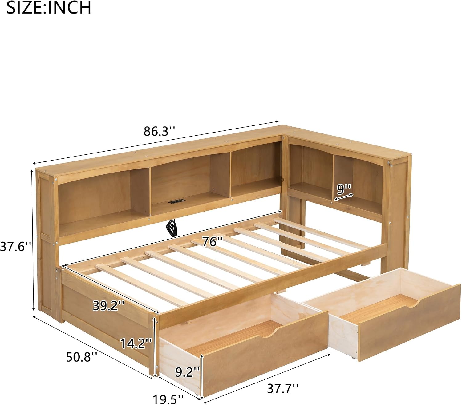 Modern Twin Size Daybed with 2 Storage Drawers, Multifunctional Solid Wood Sofa Bed Frame with Storage Cabinets, USB Portsand and Built-In Charging Station for Living Room,Guest Room (Wood-186J)