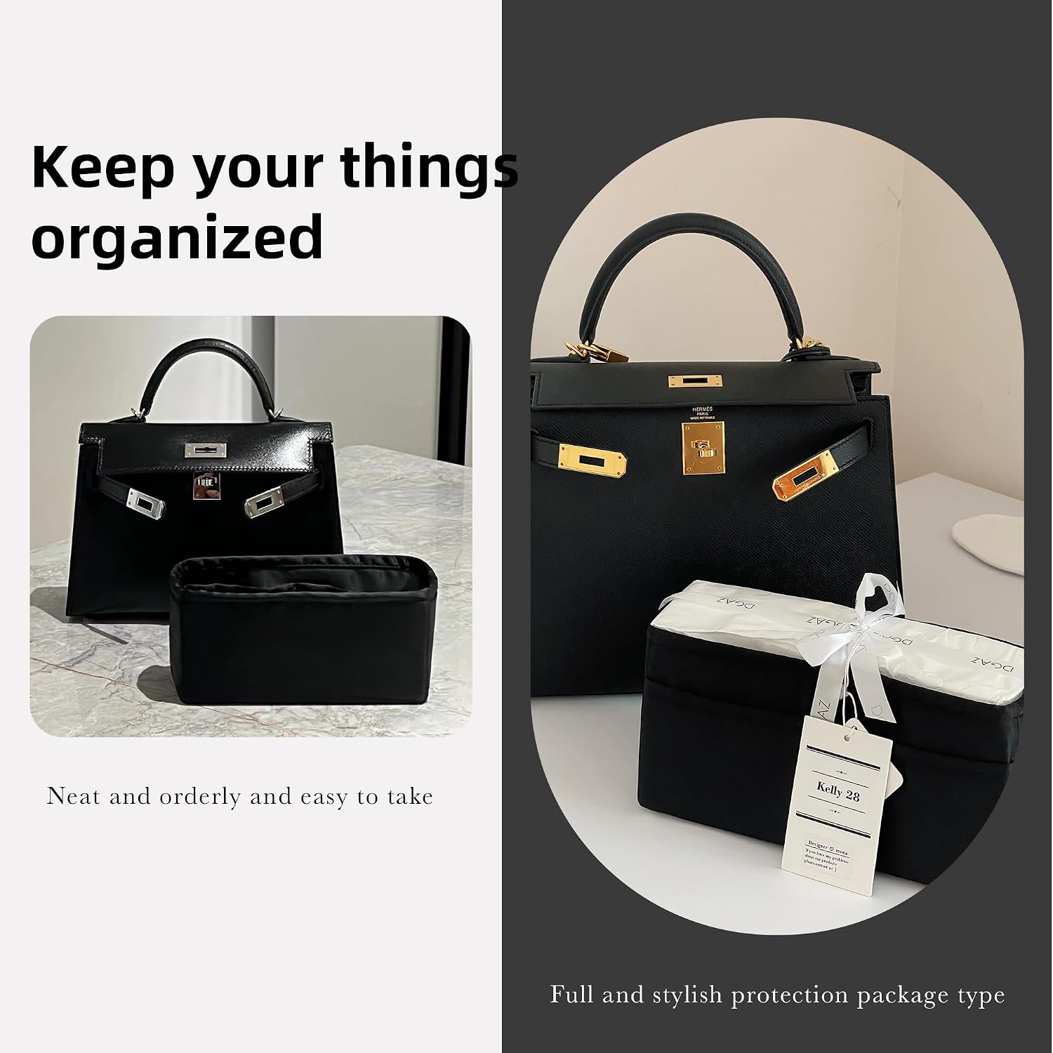 DGAZ Bag Organizer Insert For Kelly pochette/mini II /20/25/28/32/35/40 Bags, Silk Purse Organizer, Simplicity Handbag & Tote Organizer(Black,KL40)