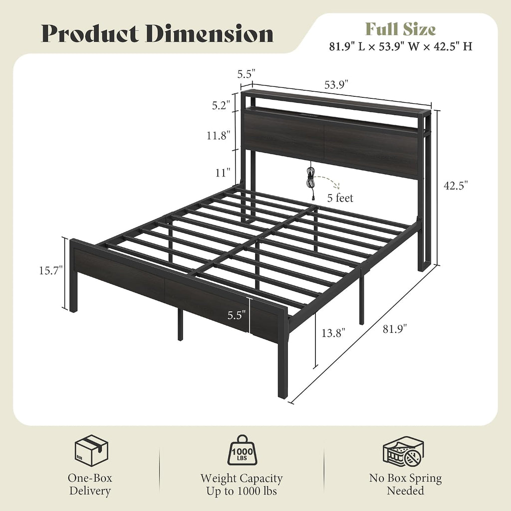 AMERLIFE Full Size Bed Frame with Storage Headboard & Charging Station, Industrial Metal Platform Bed with Large Under-Bed Storage, Heavy Duty Slats, No Box Spring Needed, Black