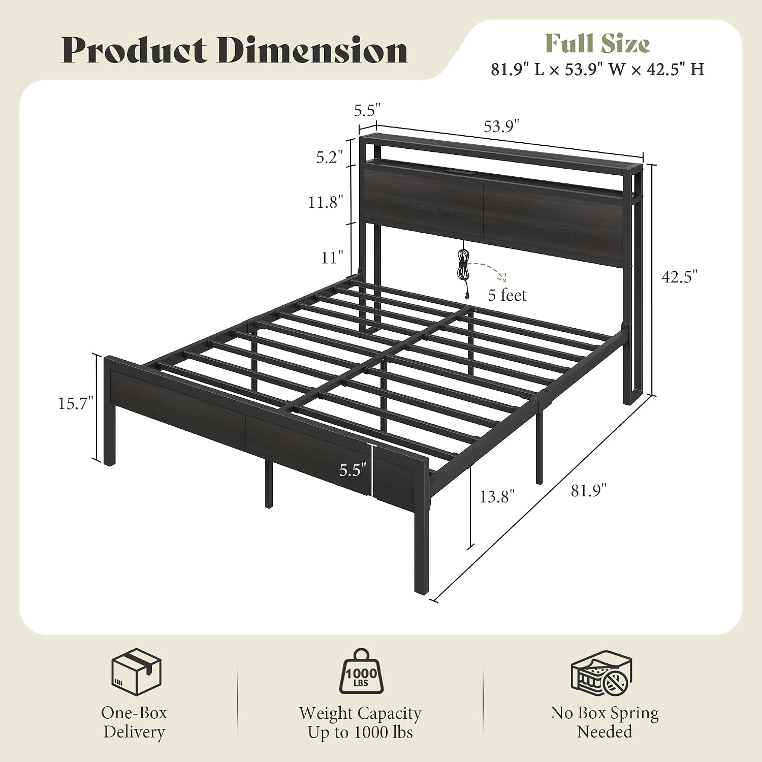 AMERLIFE Full Size Bed Frame with Storage Headboard & Charging Station, Industrial Metal Platform Bed with Large Under-Bed Storage, Heavy Duty Slats, No Box Spring Needed, Black