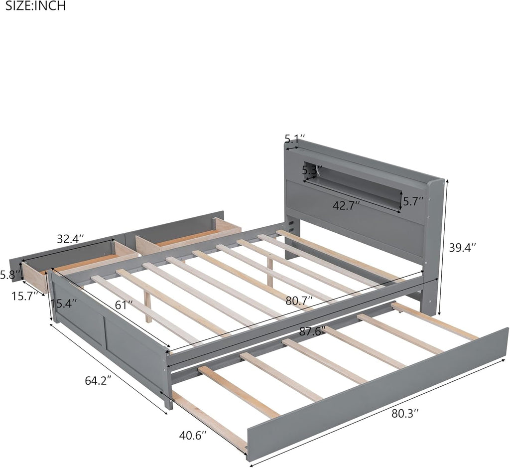 Merax Queen Size Platform Bed Frame with 2 Drawers and Twin Size Trundle, Gray Queen Bed Frame with Headboard, No Box Spring Needed