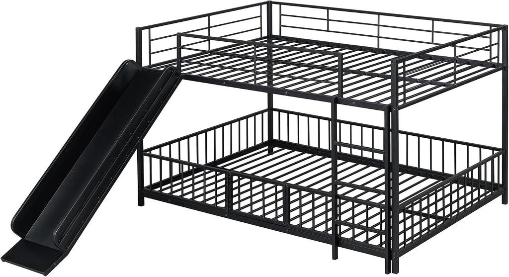 JIVOIT Metal Bunk Bed Frame with Slide and Ladder, Full Over Full Bunk Bed Size with Metal Slats Support, Full-Length Guardrail, Heavy Duty Metal Low Bunk Bed, No Box Spring Needed (Black,Full,09)