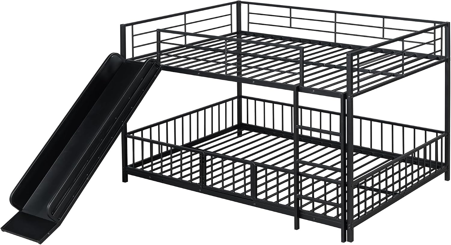 JIVOIT Metal Bunk Bed Frame with Slide and Ladder, Full Over Full Bunk Bed Size with Metal Slats Support, Full-Length Guardrail, Heavy Duty Metal Low Bunk Bed, No Box Spring Needed (Black,Full,09)