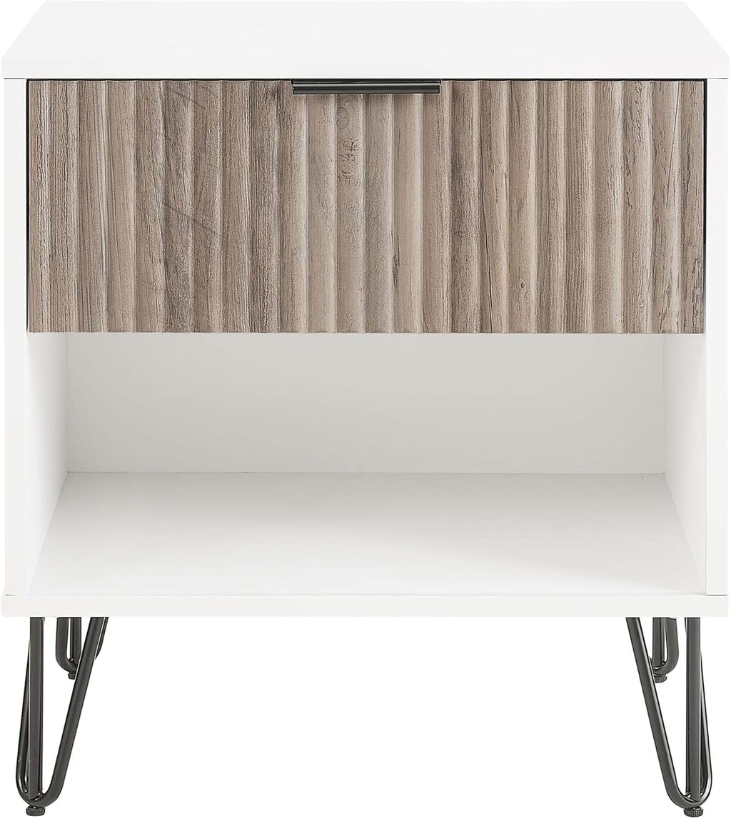 Manhattan Comfort Dumbo Fluted Nightstand with Drawer and Open Shelf, Gold Hairpin Legs and Metal Handle, Snap Tool-Free Assembly, Bedside Accent Table for Bedroom, Living Room in White & Rustic Grey