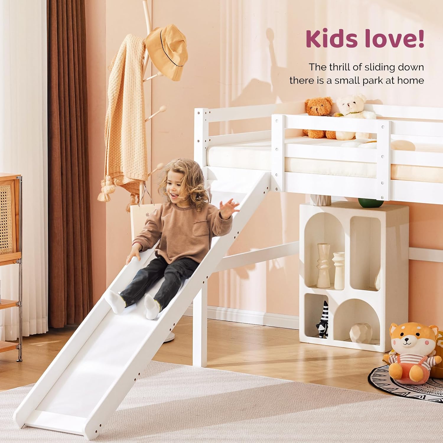 VINGLI Loft Bed with Slide, Twin Space Saving Kids Low Loft with Guardrail and Ladder, Pine Wood and Sturdy Single Bed Frame for Boys and Girls, White