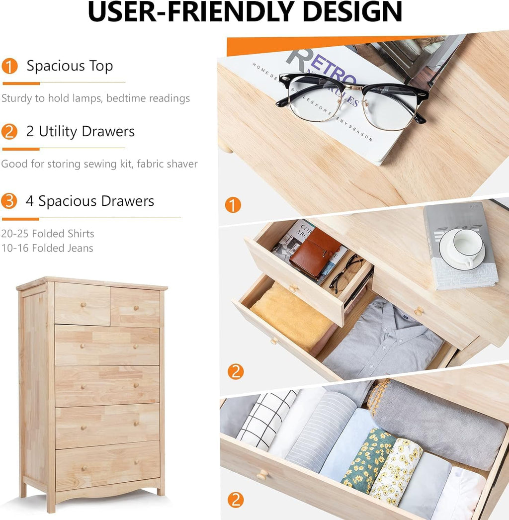 VINGLI Unfinished Natural Solid Wood 6 Drawer Dresser for Bedroom, Farmhouse Dressers & Chests of Drawers Color DIY Rubber Wood Tall Dresser with Full Extension Drawer Slides & Wood Knobs Rustic Style