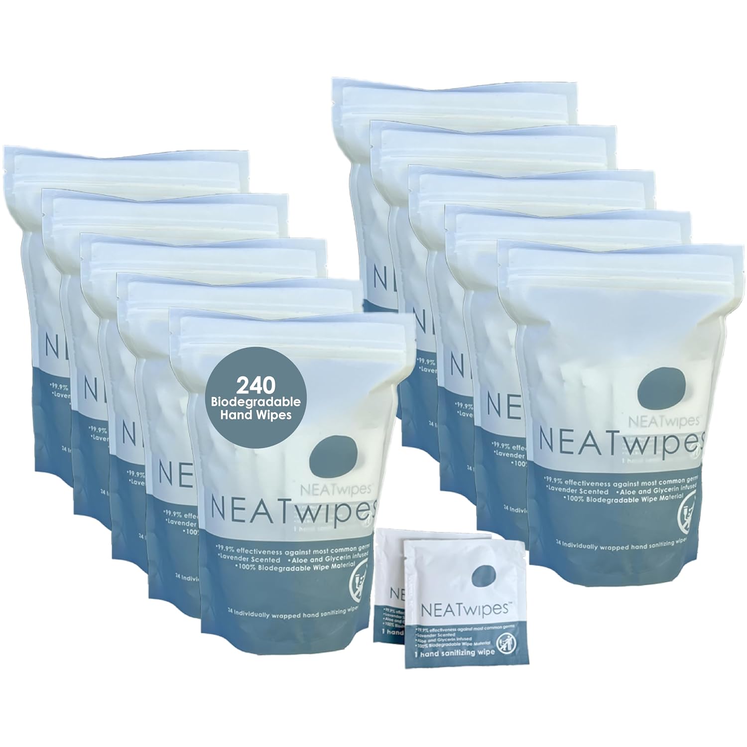 NEATwipes Hand Sanitizing Wipes | Travel Essentials | Disposable Wet Wipe & Planet Friendly | Lavender Essential Oil & Soothing Aloe | 10 Pouches of 24 Individually Wrapped Wipes