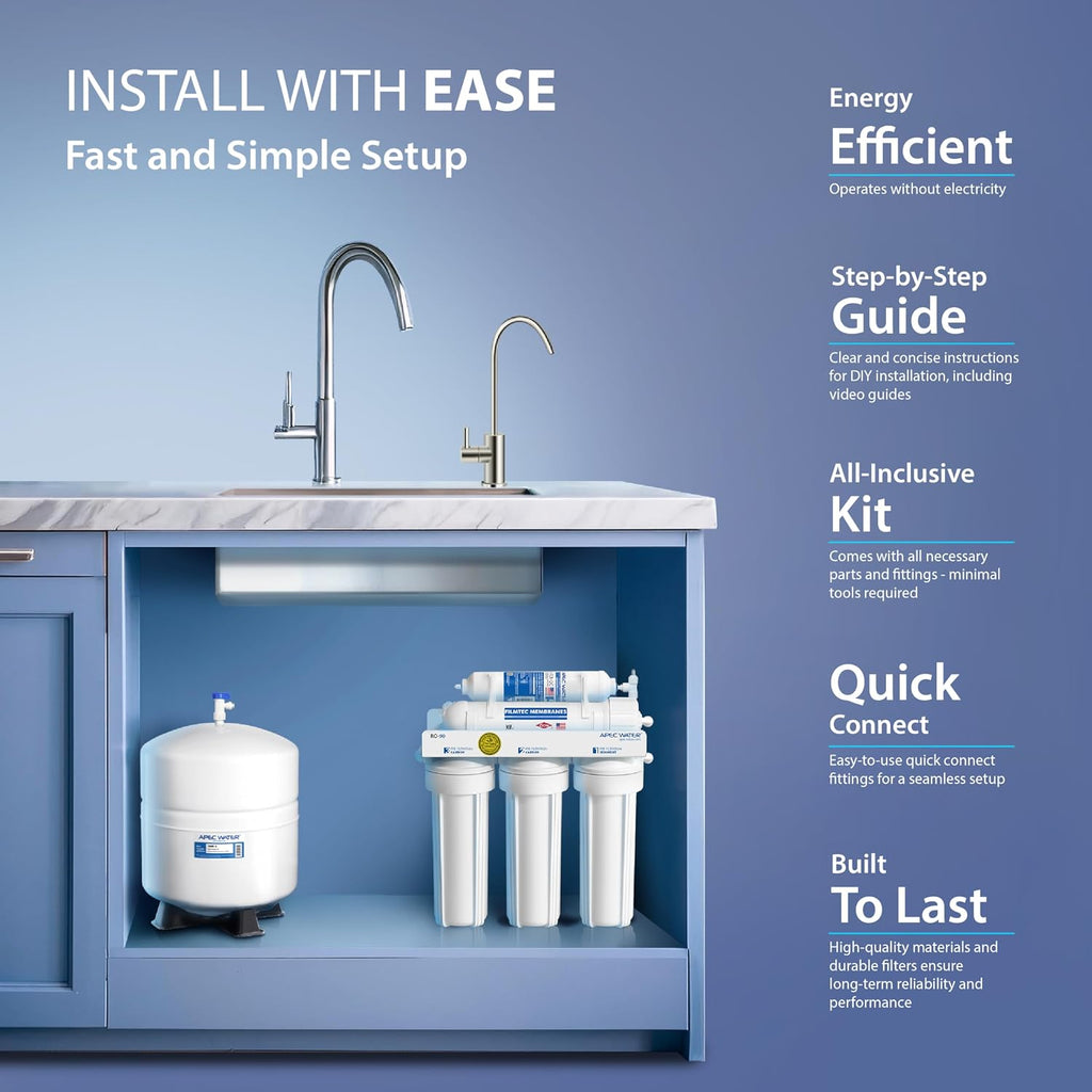 APEC Water RO-90, 5-Stage Under Sink Reverse Osmosis Water Filter System, NSF Certified 372 & 58, 90 GPD, Reduces 99% of Impurities