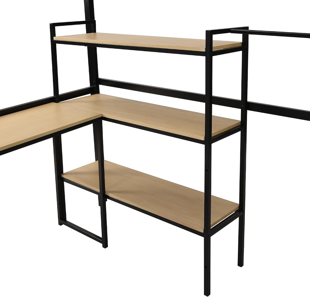JIVOIT Metal Loft Bed with Storage Staircase, Full Size Loft Bed with Built-in Desk and 3-Tier Storage Shelves, Space-Saving 3 in 1 Design Metal Loft Bed with Guardrails, No Box Spring Needed