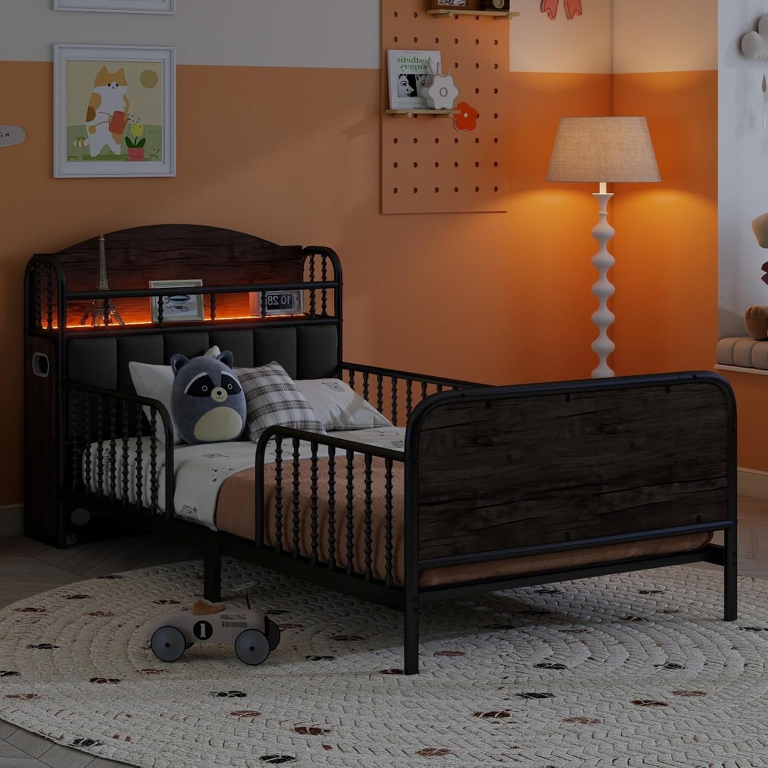 Modern Upholstered Platform Bed Frame with App Controlled LED Lights Storage Headboard Full Length Guardrails Low Profile Design Metal Structure for Bedroom (Black+Storage Shelves,Twin)