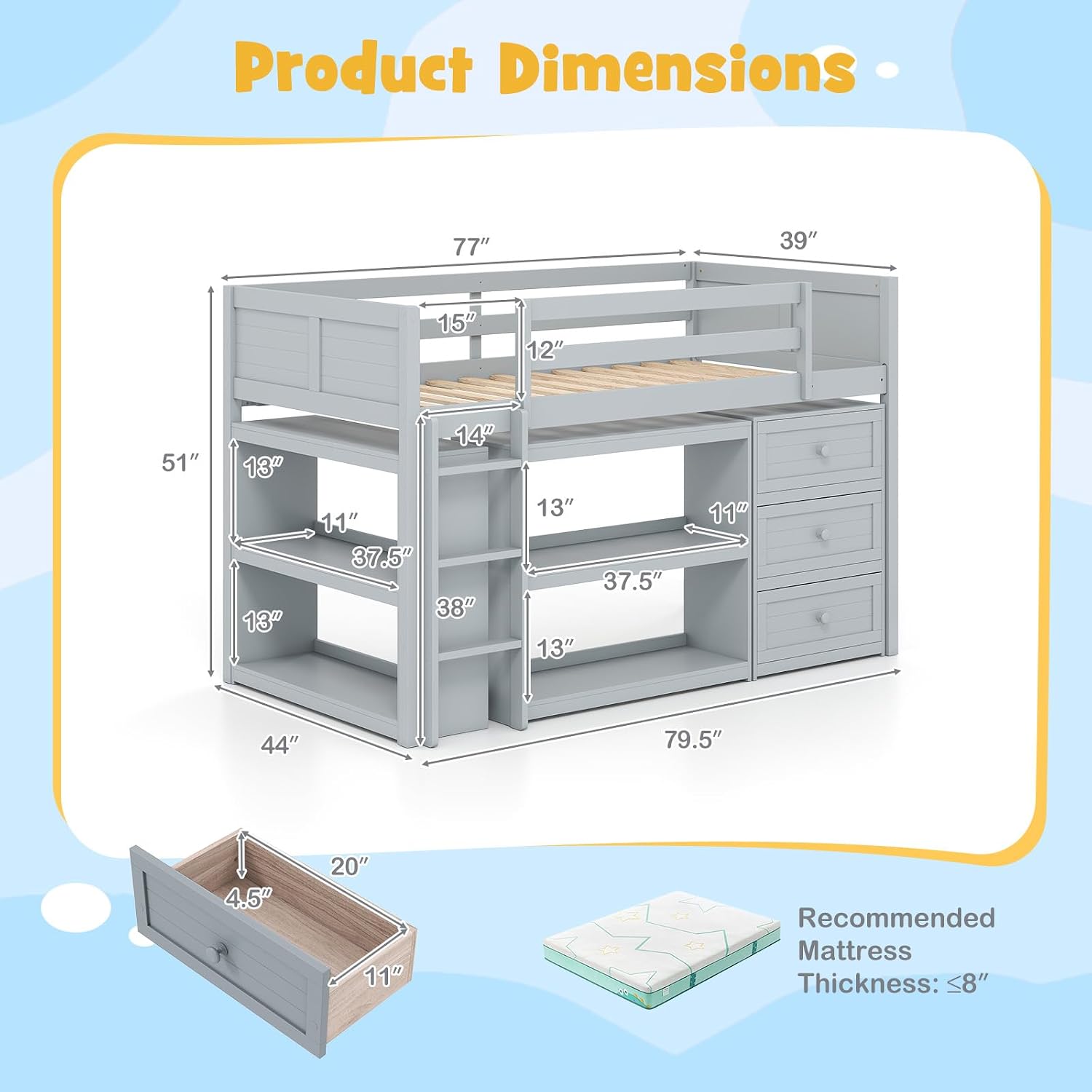 Giantex Loft Bed Twin Size with LED Lights (Grey)
