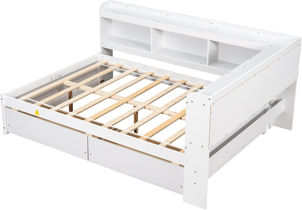 Full Size Platform Bed with L-Shaped Storage Shelfs and Bookcases, Pine Wood Day Bed with 2 Storage Drawers for Office/Living Room/Bedroom, Maximize Space (White)