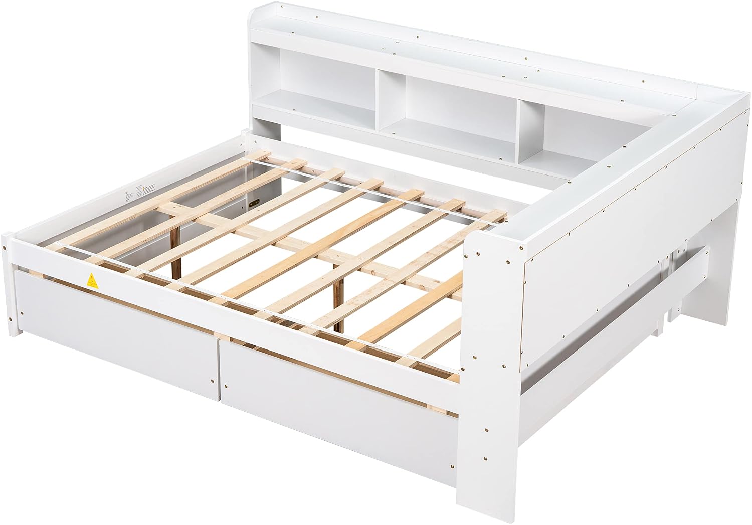 Full Size Platform Bed with L-Shaped Storage Shelfs and Bookcases, Pine Wood Day Bed with 2 Storage Drawers for Office/Living Room/Bedroom, Maximize Space (White)