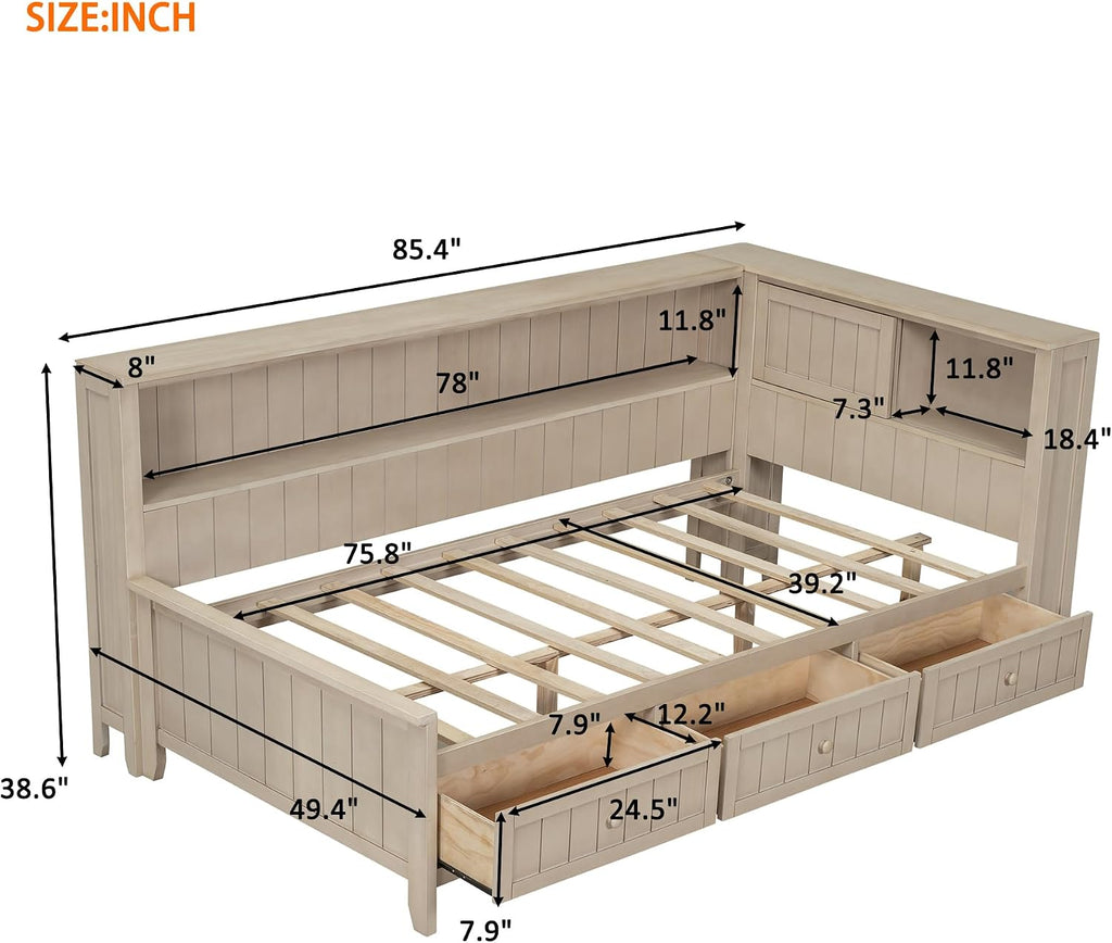 Twin Size Lounge Daybed with Storage Shelves and 3 Drawers, Wooden Sofa Bed Frame with Slat Support for Apartment, Bedroom, Guest Room, No Box Spring Required