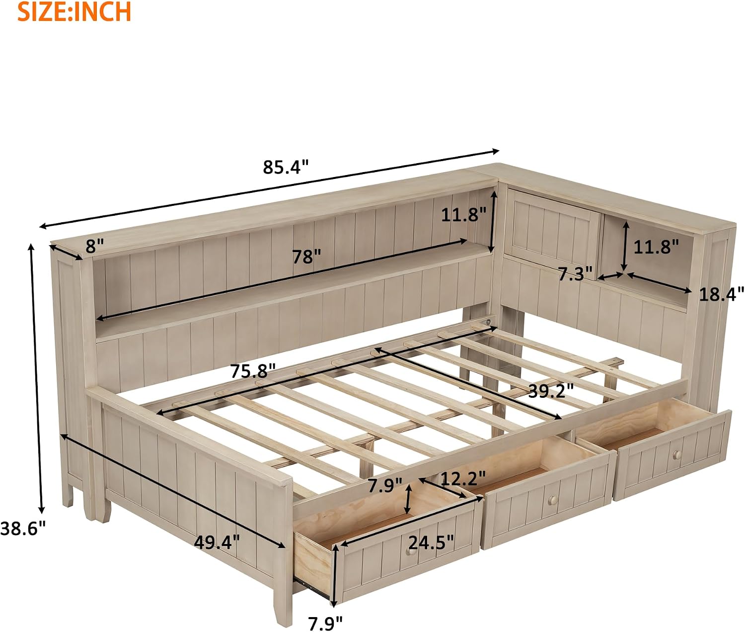 Twin Size Lounge Daybed with Storage Shelves and 3 Drawers, Wooden Sofa Bed Frame with Slat Support for Apartment, Bedroom, Guest Room, No Box Spring Required