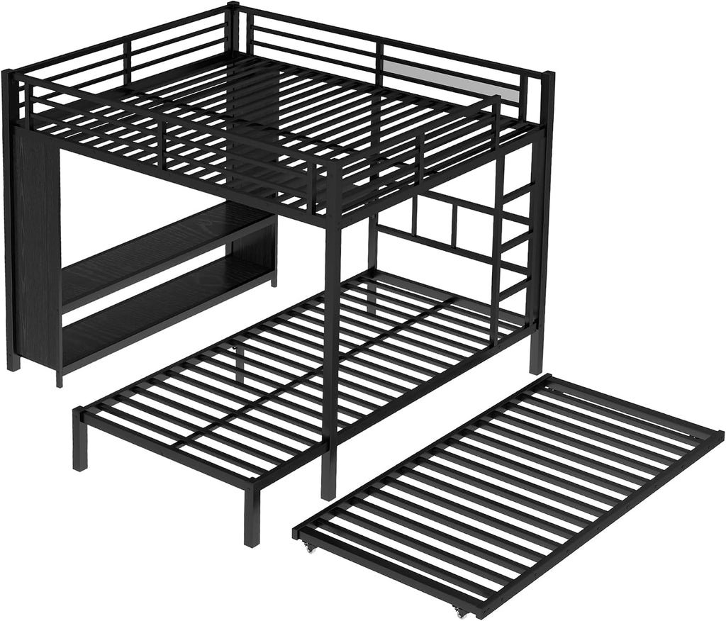 JIVOIT Metal Bunk Bed with Trundle, Queen Over Twin Bunk Bed with Foldable Desk, Built-in Wardrobe, Ladders and Safety Guard, Noise-Reduced Design, Space-Saving, No Box Spring Needed