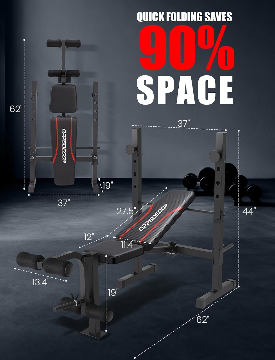 OPPSDECOR Adjustable Weight Bench Set with Squat Rack, 3 Sec Folding Workout Bench for Full Body Exercise, 600LBS All-in-One Bench Press with Leg Curl & Leg Extension, Incline Decline Flat Home Gym Bench for Teens Adults